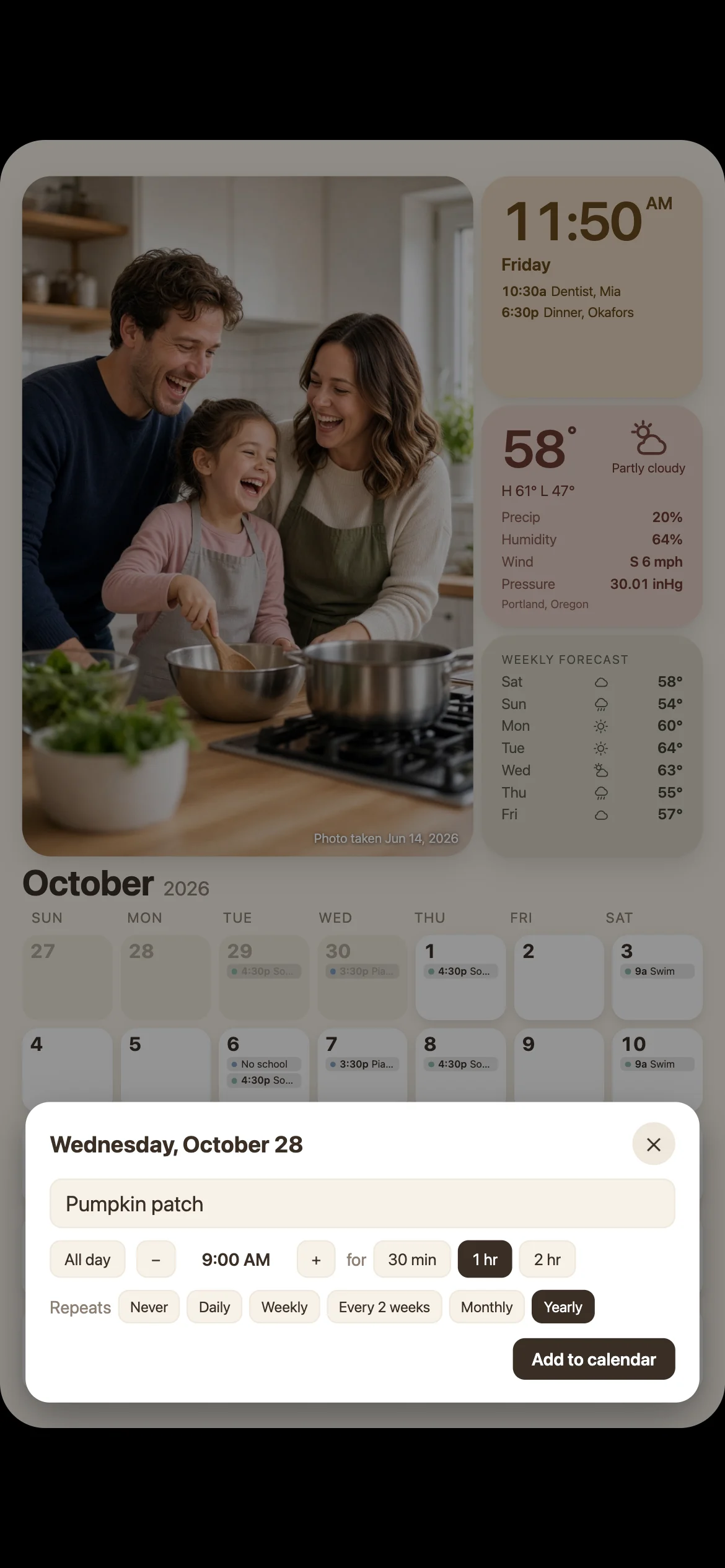 The same wall on a phone, with the sheet for adding an event open: Pumpkin patch, Wednesday, repeating yearly.