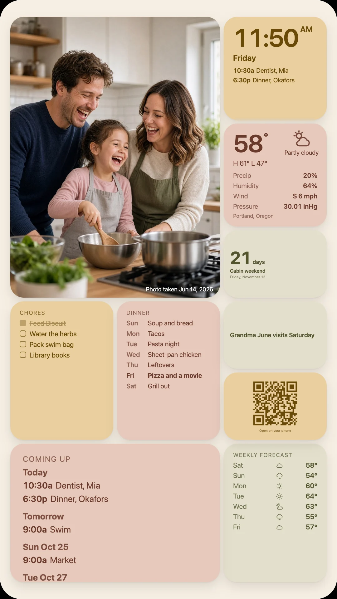 A wall with chores, the week's dinners, a countdown to a cabin weekend, a note, a QR code and the coming days.